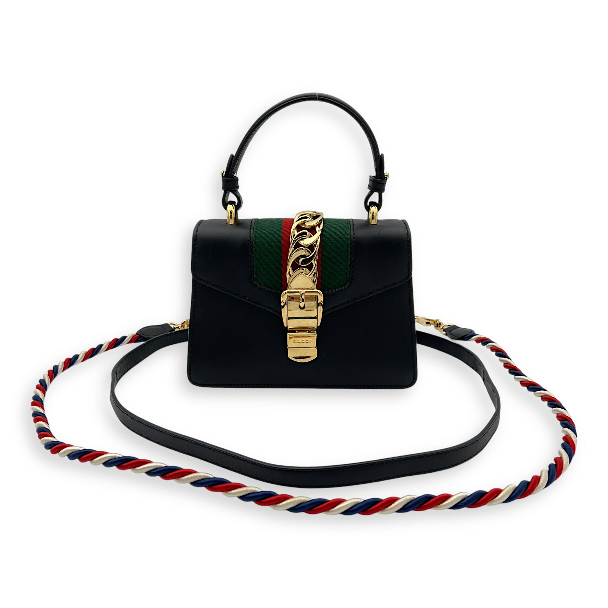 Sylvie Mini Black Top Handle Bag in Calfskin, Gold hardware