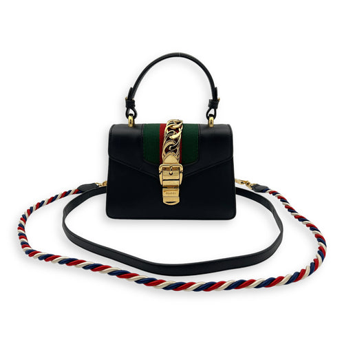 Sylvie Mini Black Top Handle Bag in Calfskin, Gold hardware