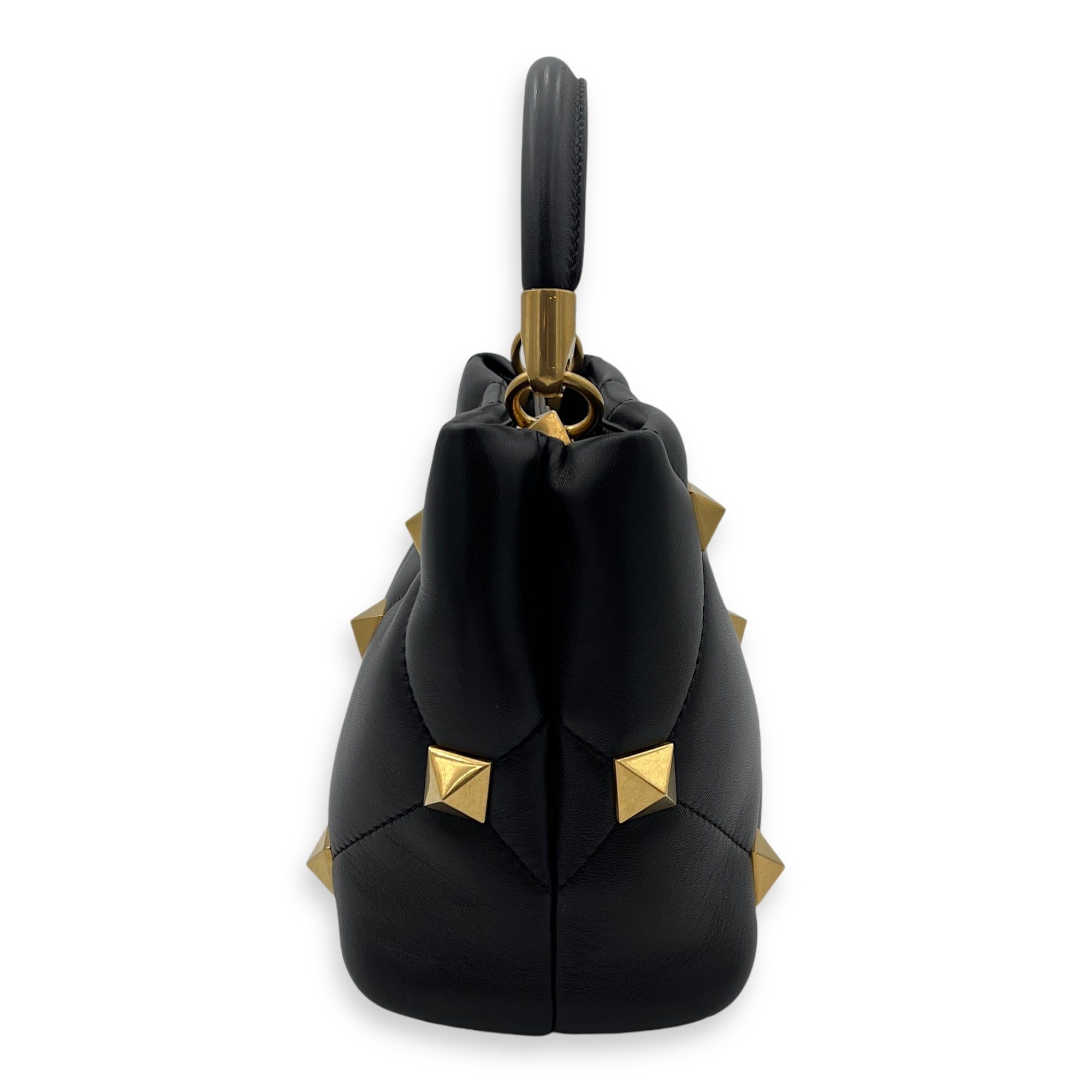 Roman Studs Top Handle Bag Small Black in Calfskin, Gold hardware