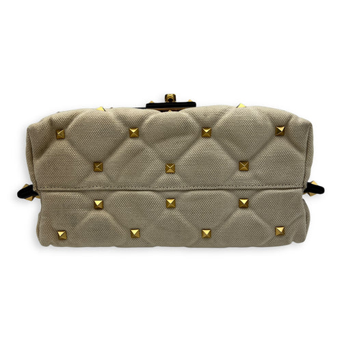 Rockstud White Top Handle Bag in Canvas, Gold hardware