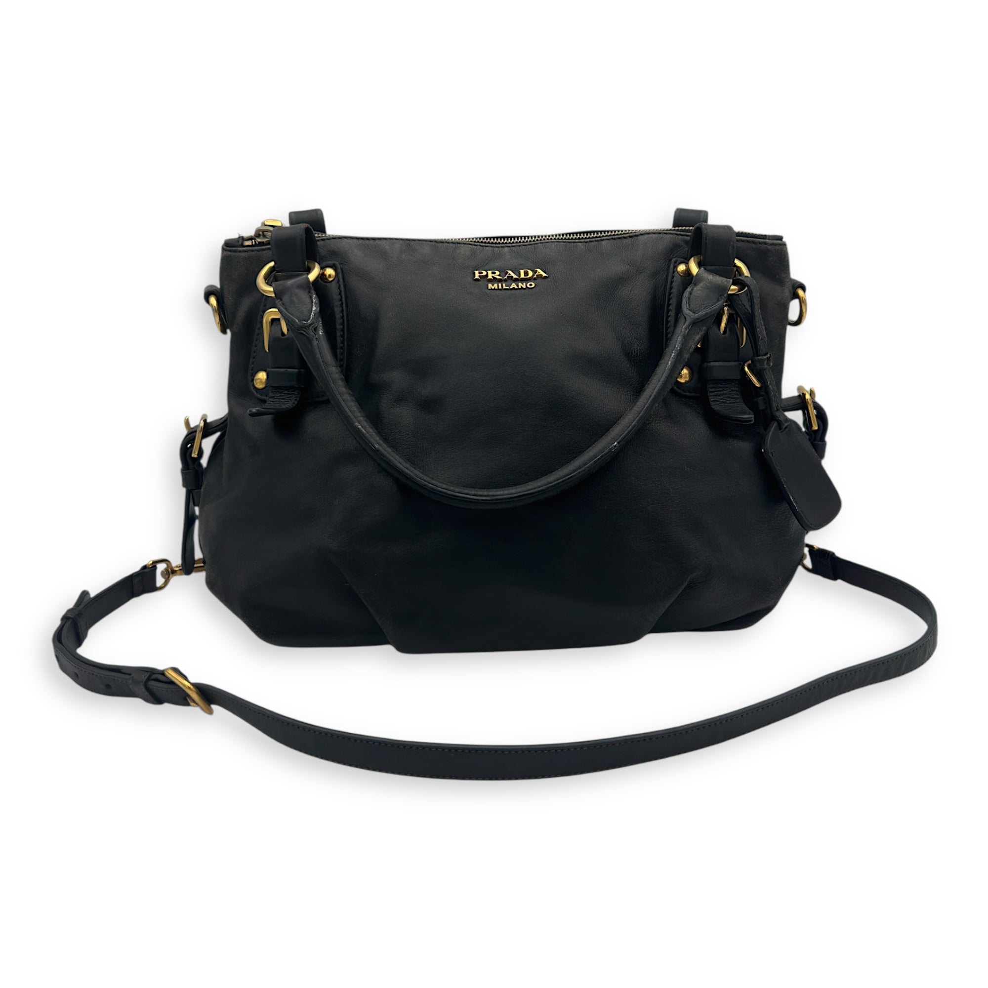 Prada Logo Top Handle Bag Black in Calfskin, Gold hardware_19