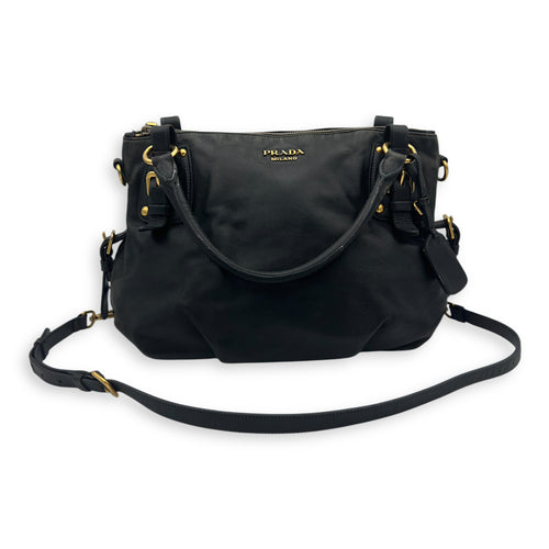 Prada Logo Top Handle Bag Black in Calfskin, Gold hardware_19