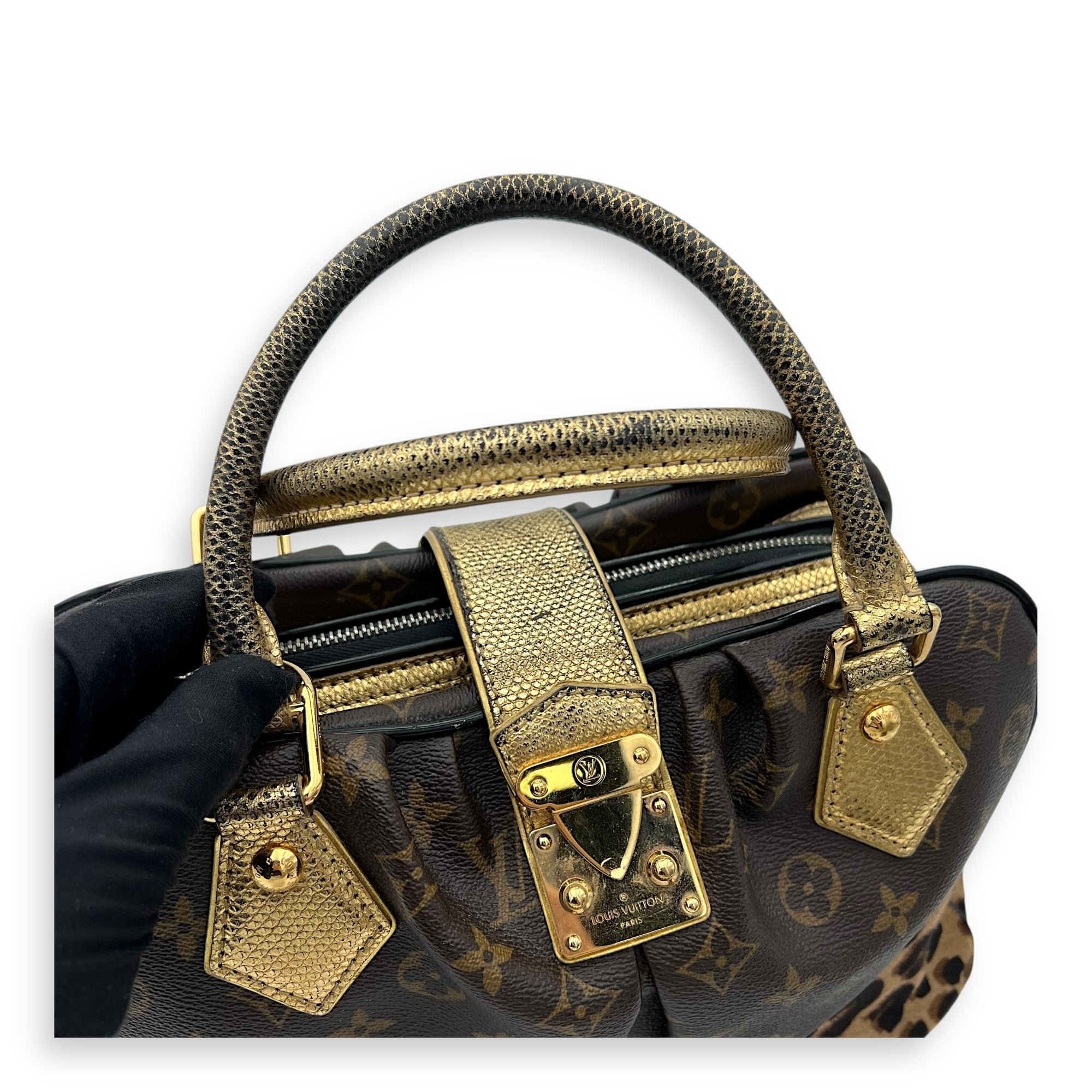 Louis Vuitton Leopard Top Handle Bag MM Gold in Canvas, Gold hardware_8