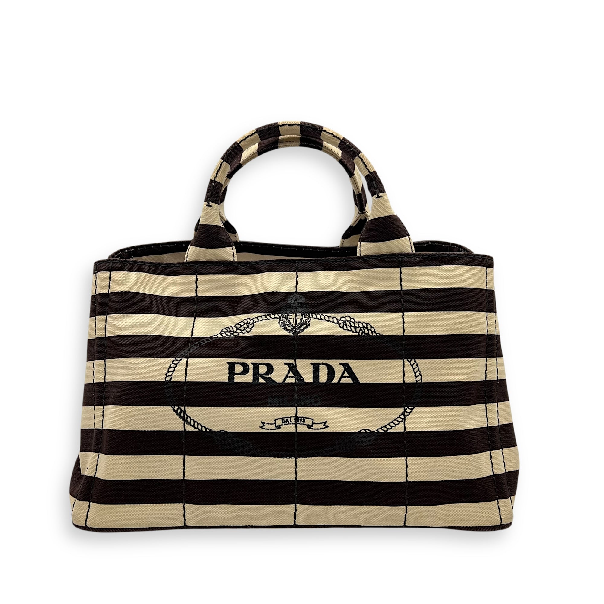 Prada Canapa Top Handle Bag Brown in Canvas, Gold hardware_1