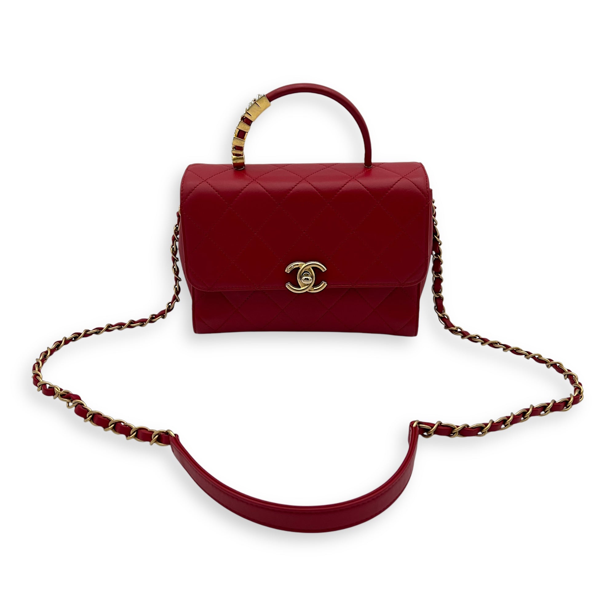 Chanel CC Pearl Top Handle Bag Red in Lambskin, Gold hardware_11