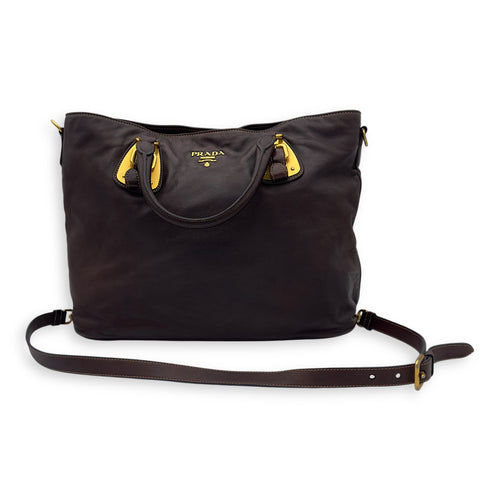 Prada Logo Brown Top Handle Bag in Calfskin, Gold hardware_19