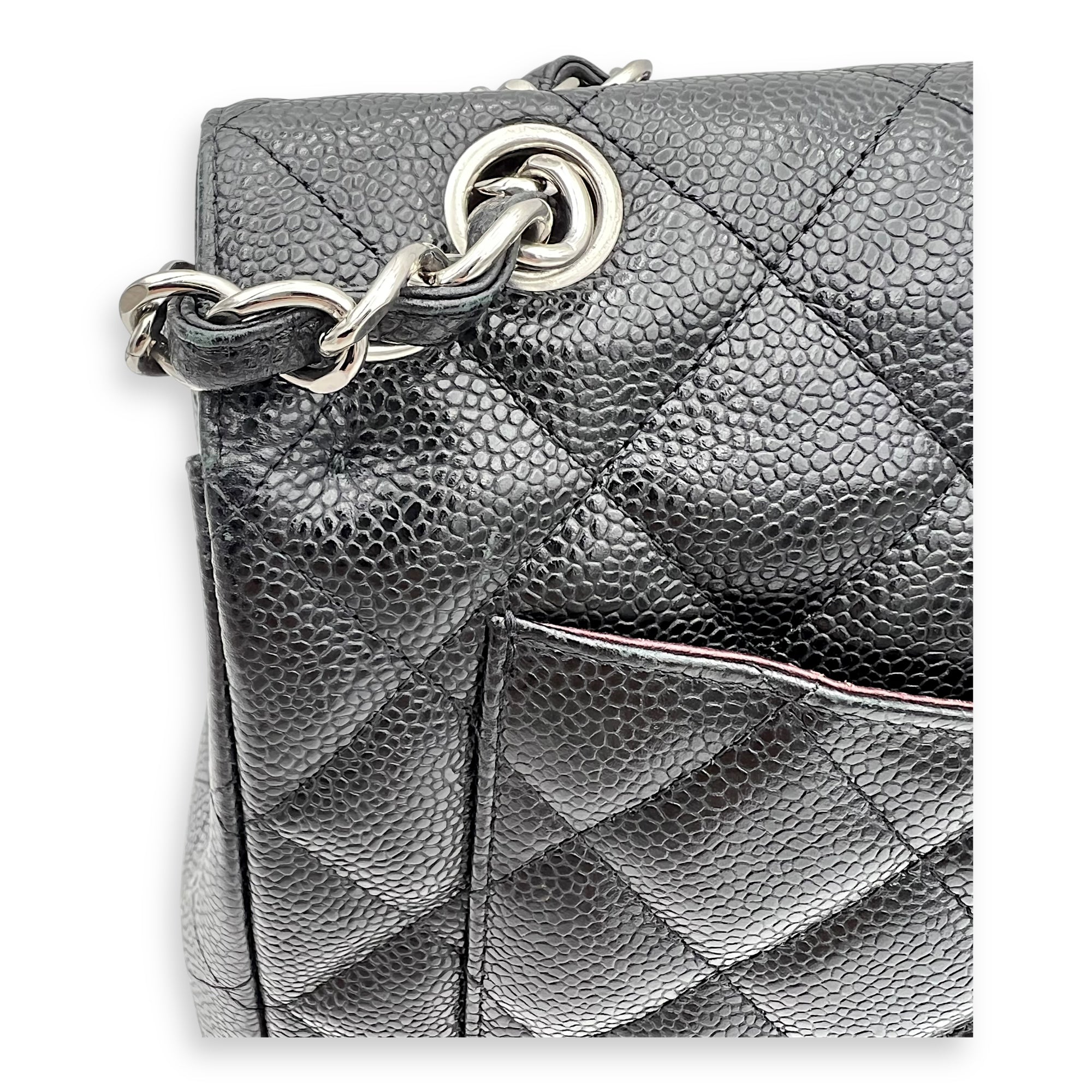 Chanel Classic Double Flap Maxi Black Shoulder Bag in Caviar Leather, Silver hardware_11
