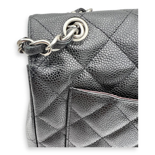 Chanel Classic Double Flap Maxi Black Shoulder Bag in Caviar Leather, Silver hardware_11