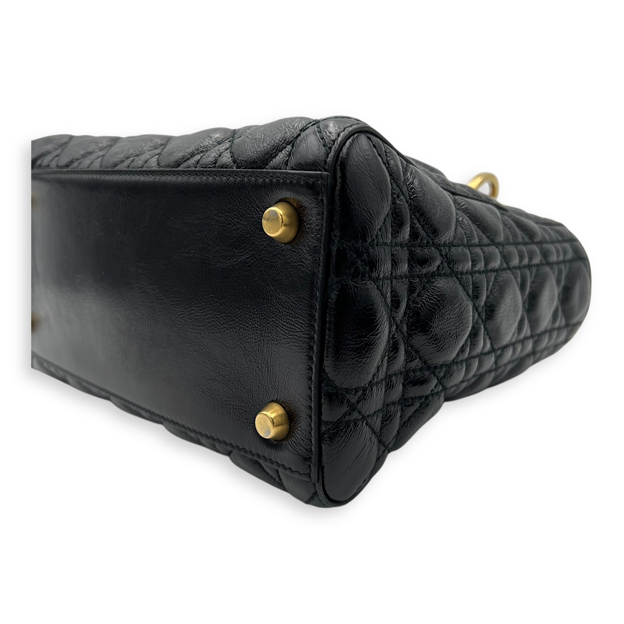 Christian Dior Lady Dior Top Handle Bag Medium Black in Calfskin, Gold hardware_9