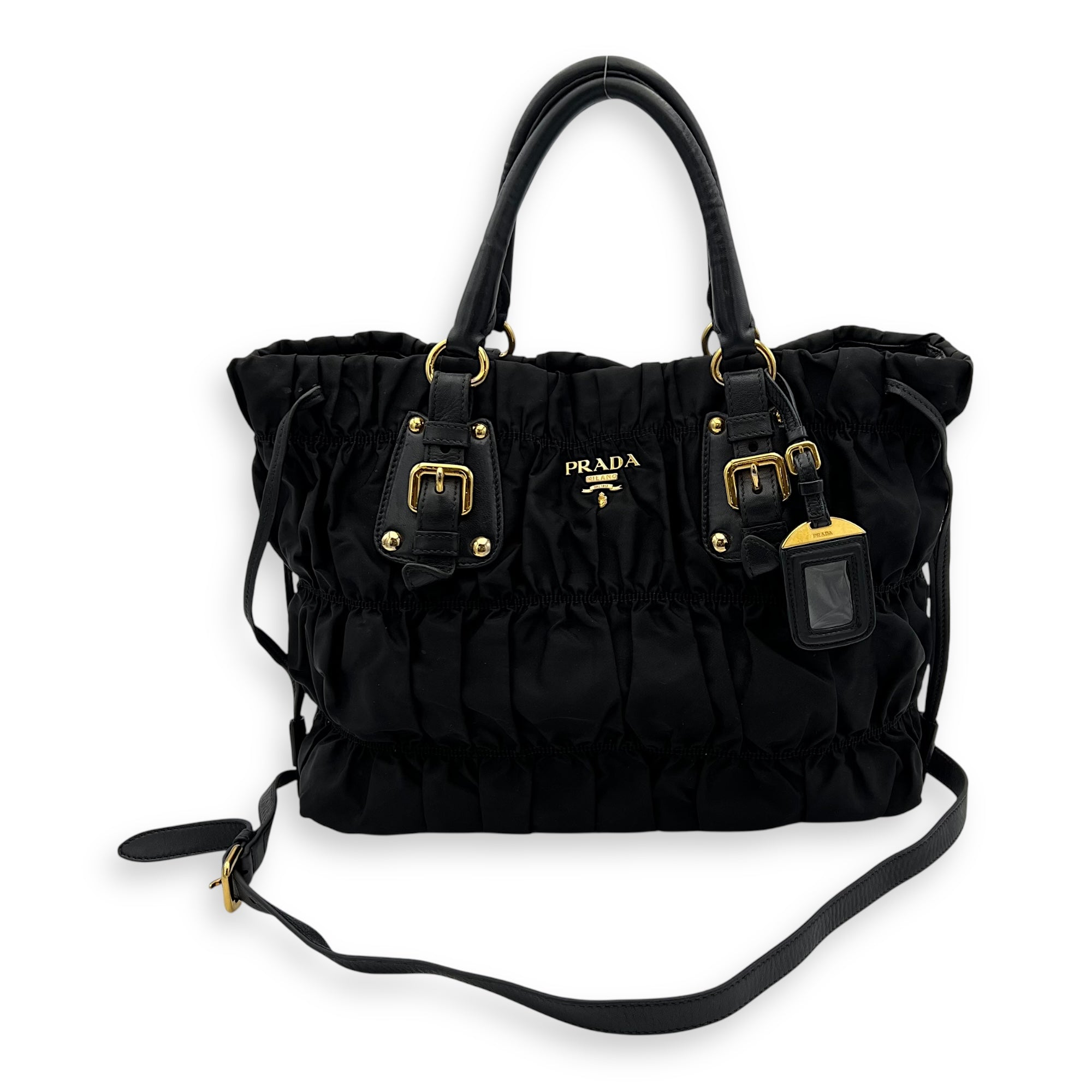 Prada Tessuto gaufre Top Handle Bag Medium Black in Nylon, Gold hardware_11