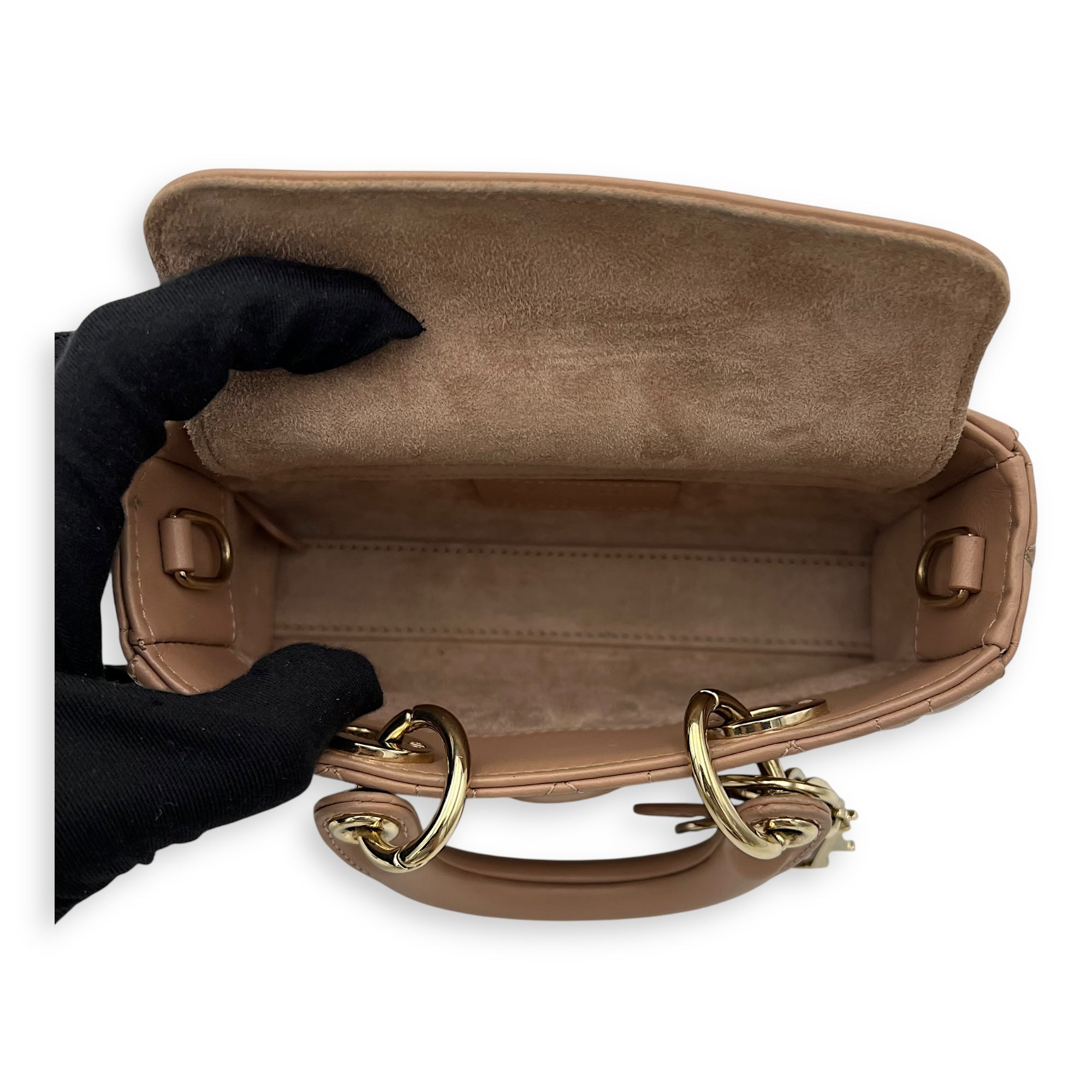 Christian Dior Lady D-Joy Top Handle Bag Micro Beige in Lambskin, Gold hardware_6