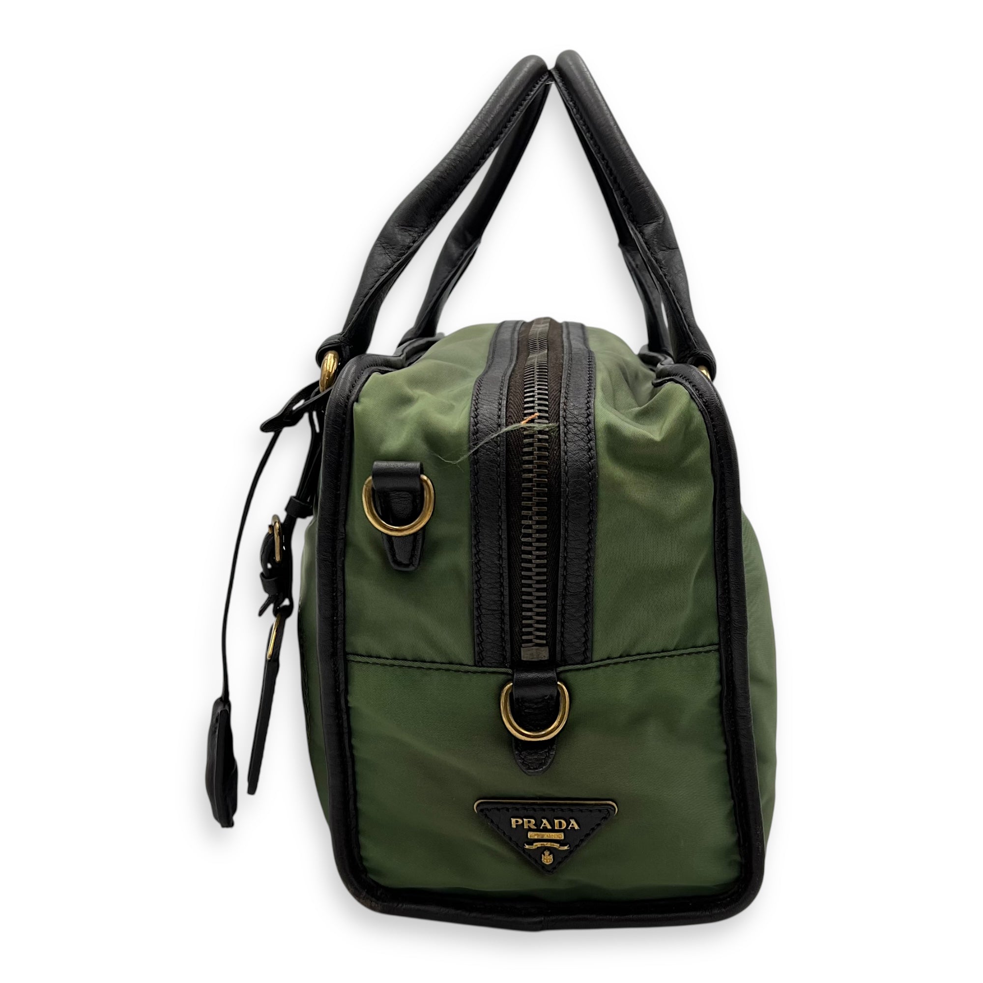 Prada Logo Top Handle Bag Green in Nylon, Gold hardware_3