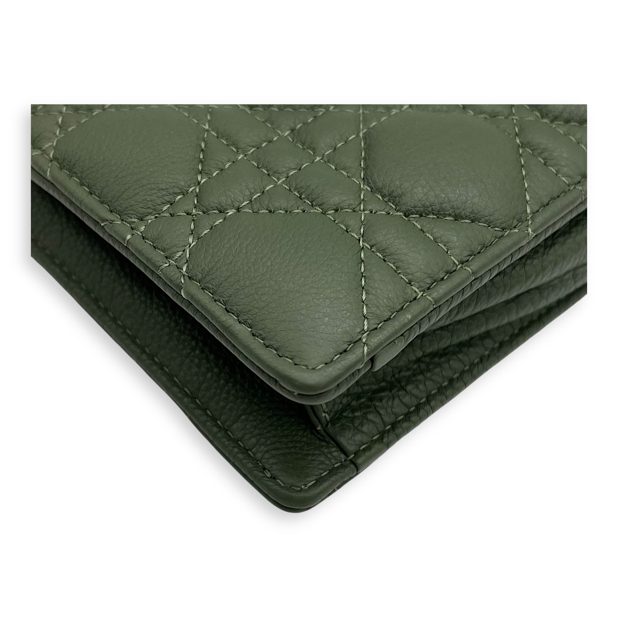 Christian Dior Caro Pouch with chain Green in Calfskin, Gold hardware_11