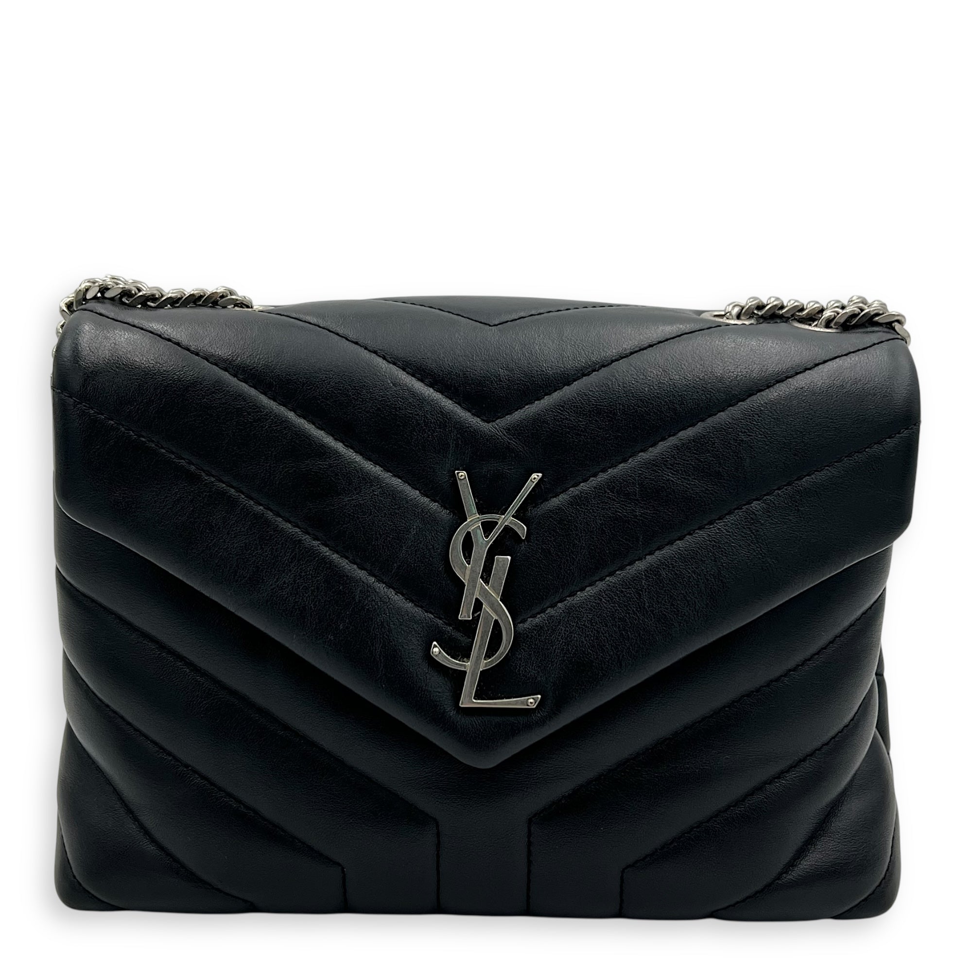 Saint Laurent Loulou Small Black Shoulder Bag in Calfskin, Silver hardware_1