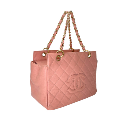 PST Petit Shopping Petit Pink Tote Bag in Caviar Leather, Gold hardware