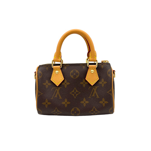 Speedy Nano Brown Top Handle Bag in Monogram Coated Canvas, Gold hardware