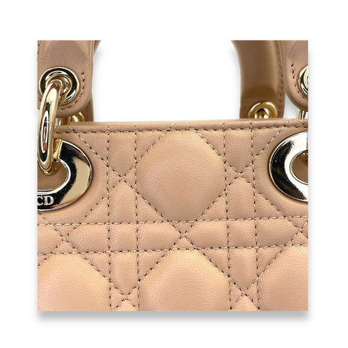 Lady D-Joy Small Beige Top Handle Bag in Lambskin, Gold hardware