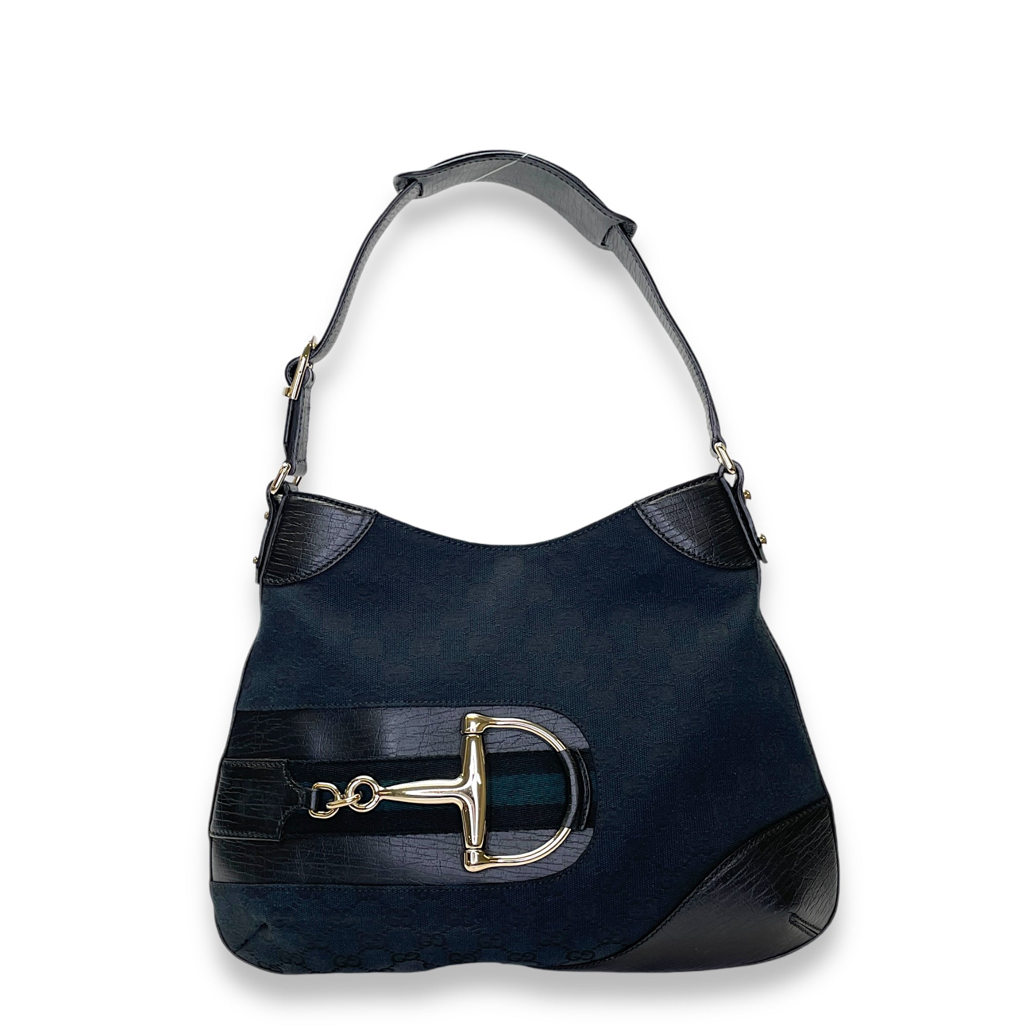 horsebit Black Shoulder Bag in Jacquard, Light Gold hardware