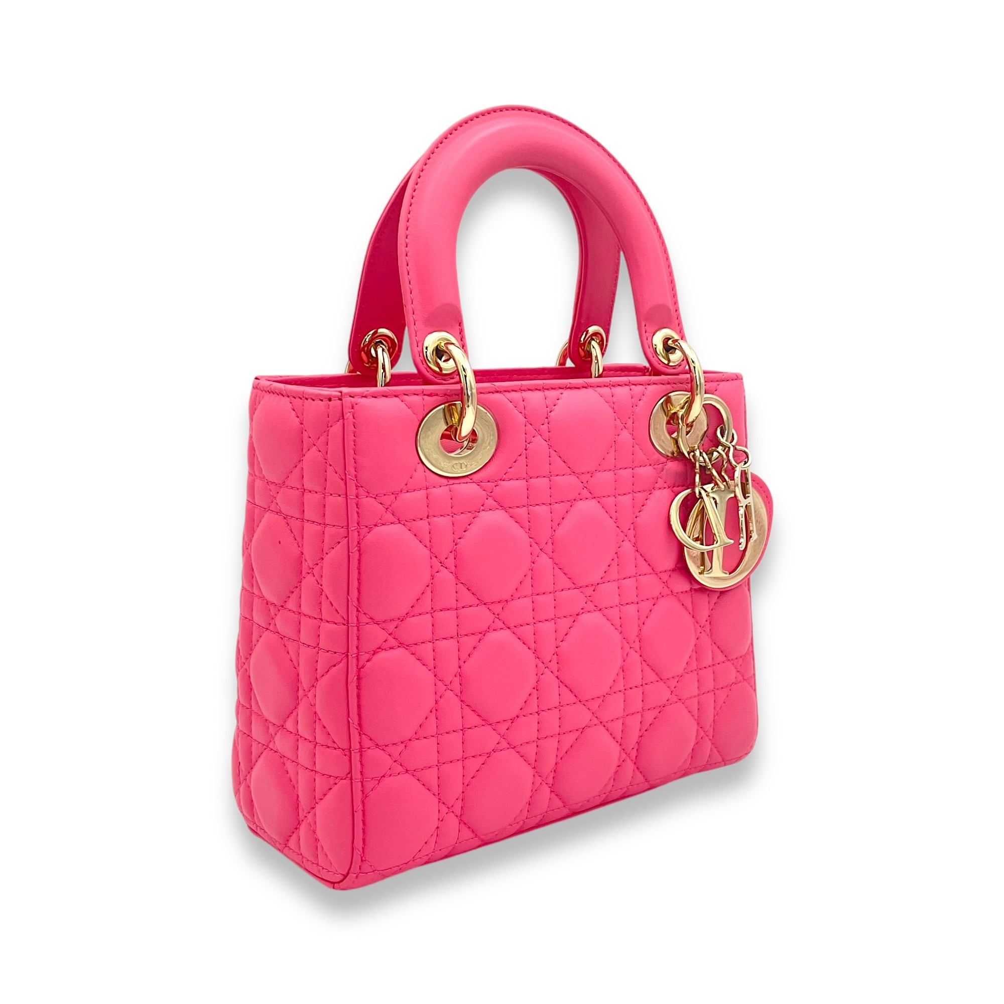 Lady Dior Small Pink Top Handle Bag in Lambskin, Gold hardware