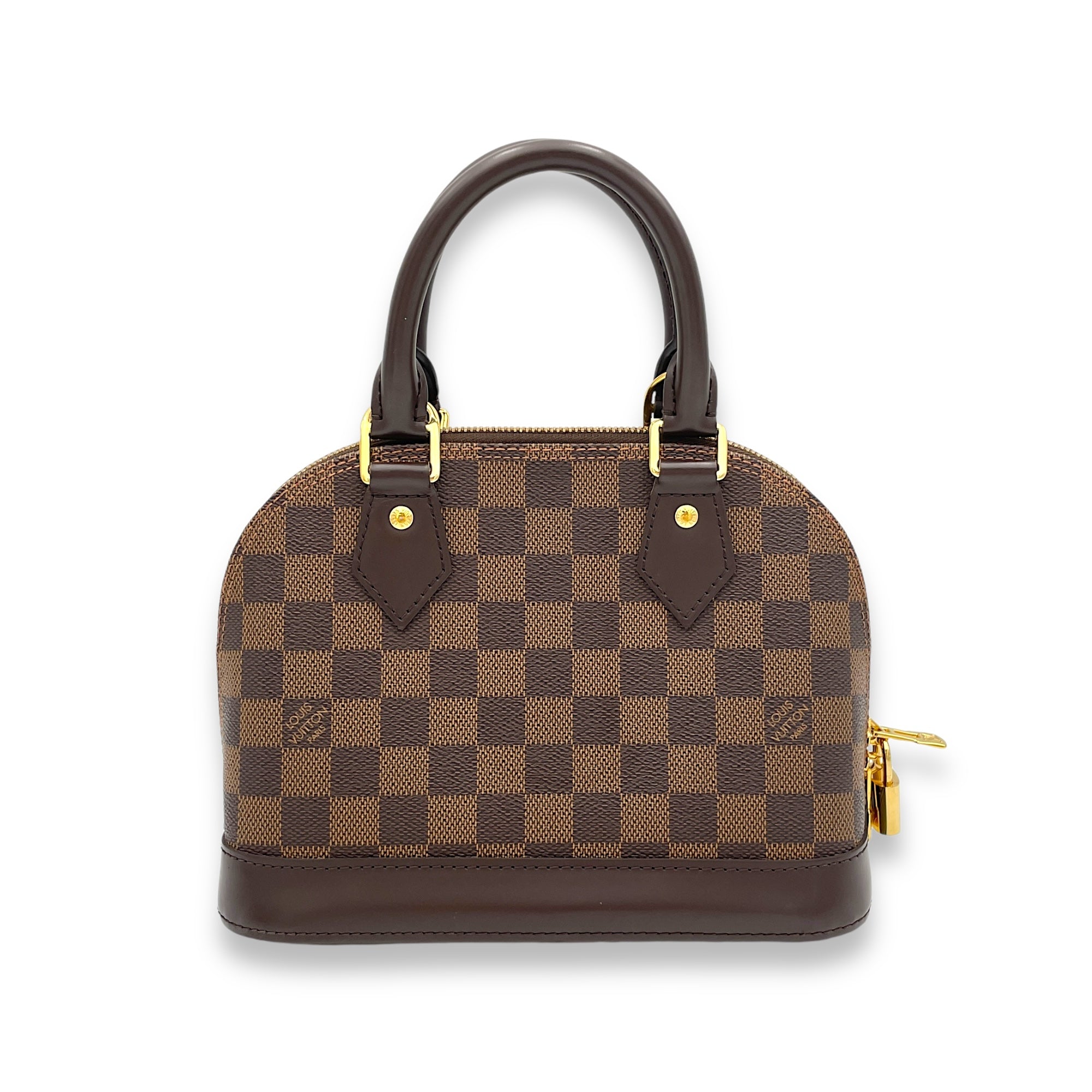 Alma BB Damier Ebene Top Handle Bag in Coated Canvas, Gold hardware