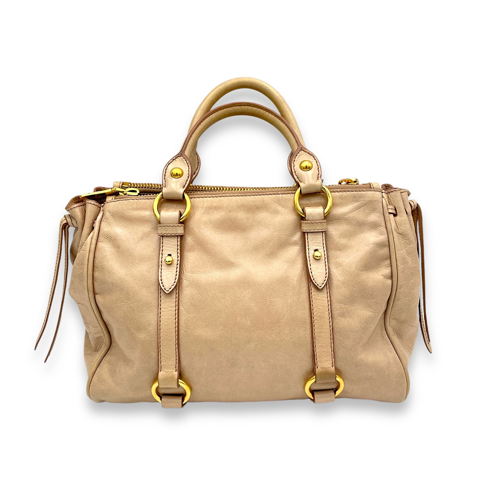 Vitello Shine Top Handle Bag Beige in Distressed Leather, Gold hardware