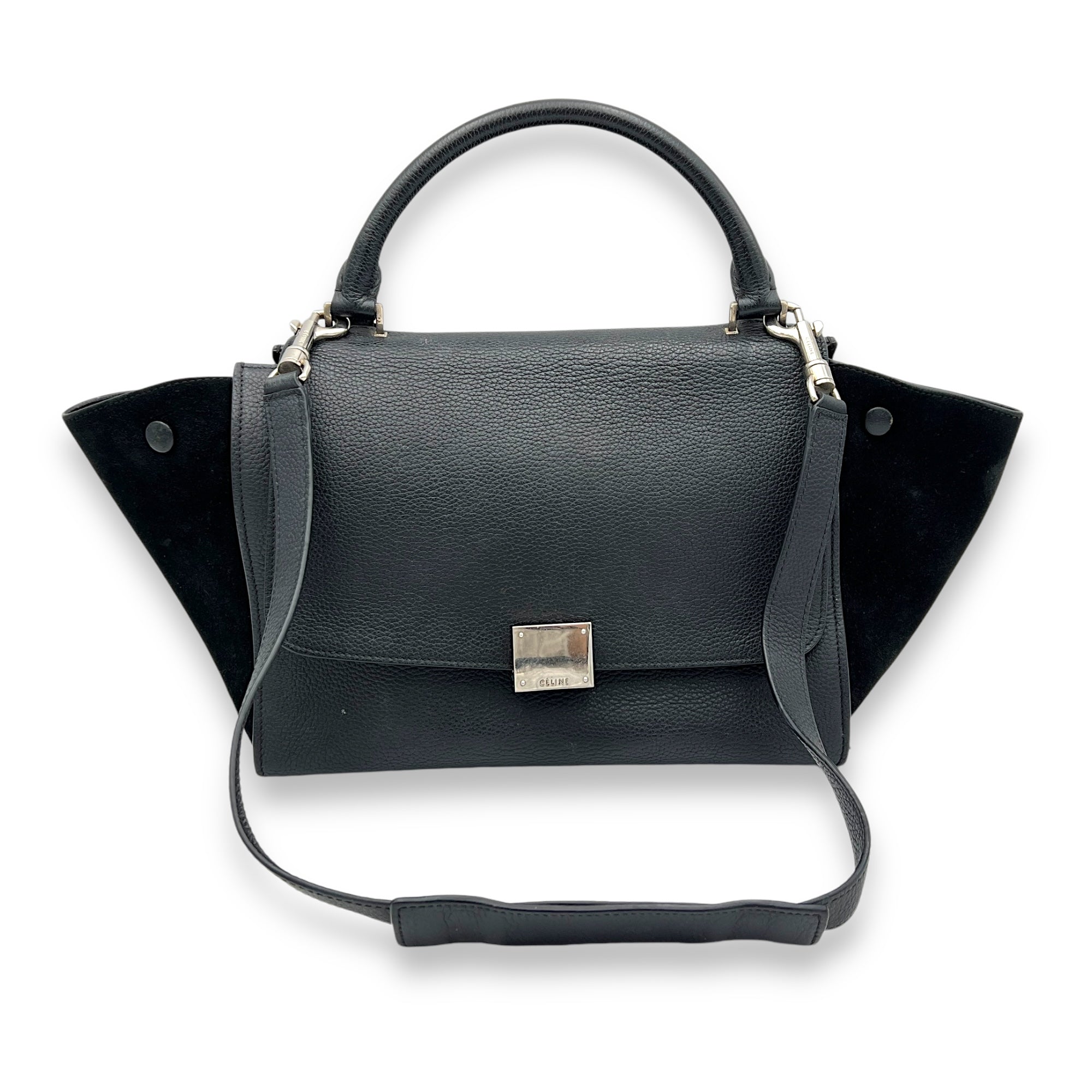 Trapeze Small Black Shoulder Bag in Calfskin, Silver hardware