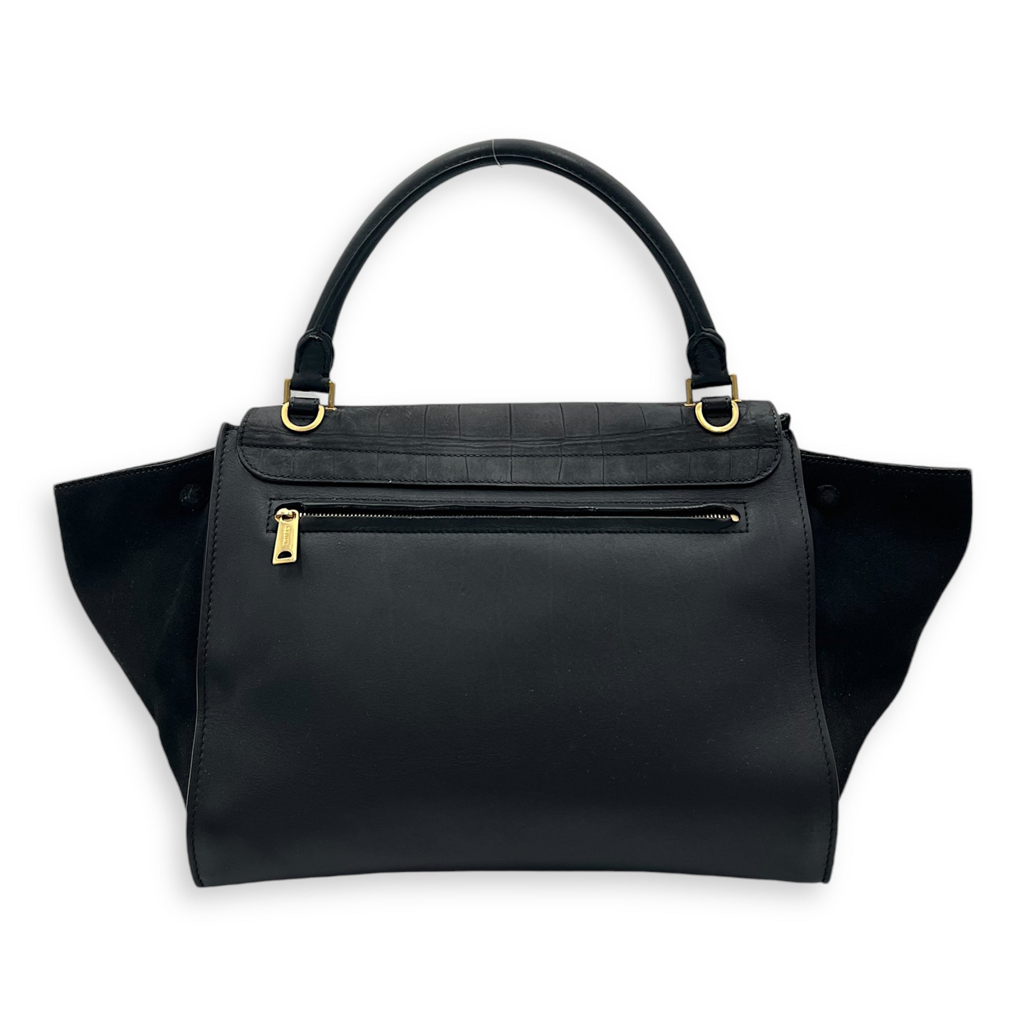 Trapeze Medium Black Top Handle Bag in Calfskin, Gold hardware