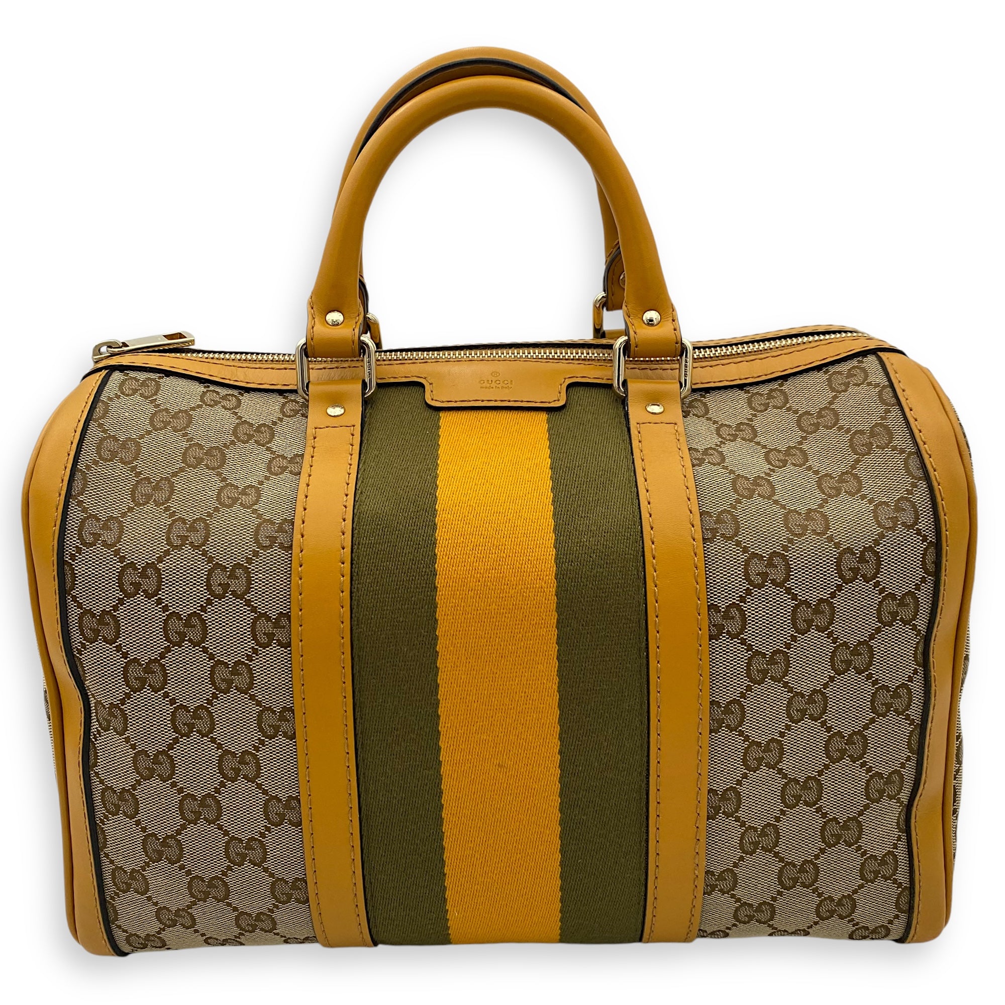 Web Boston GG Brown Top Handle Bag in Canvas, Gold hardware