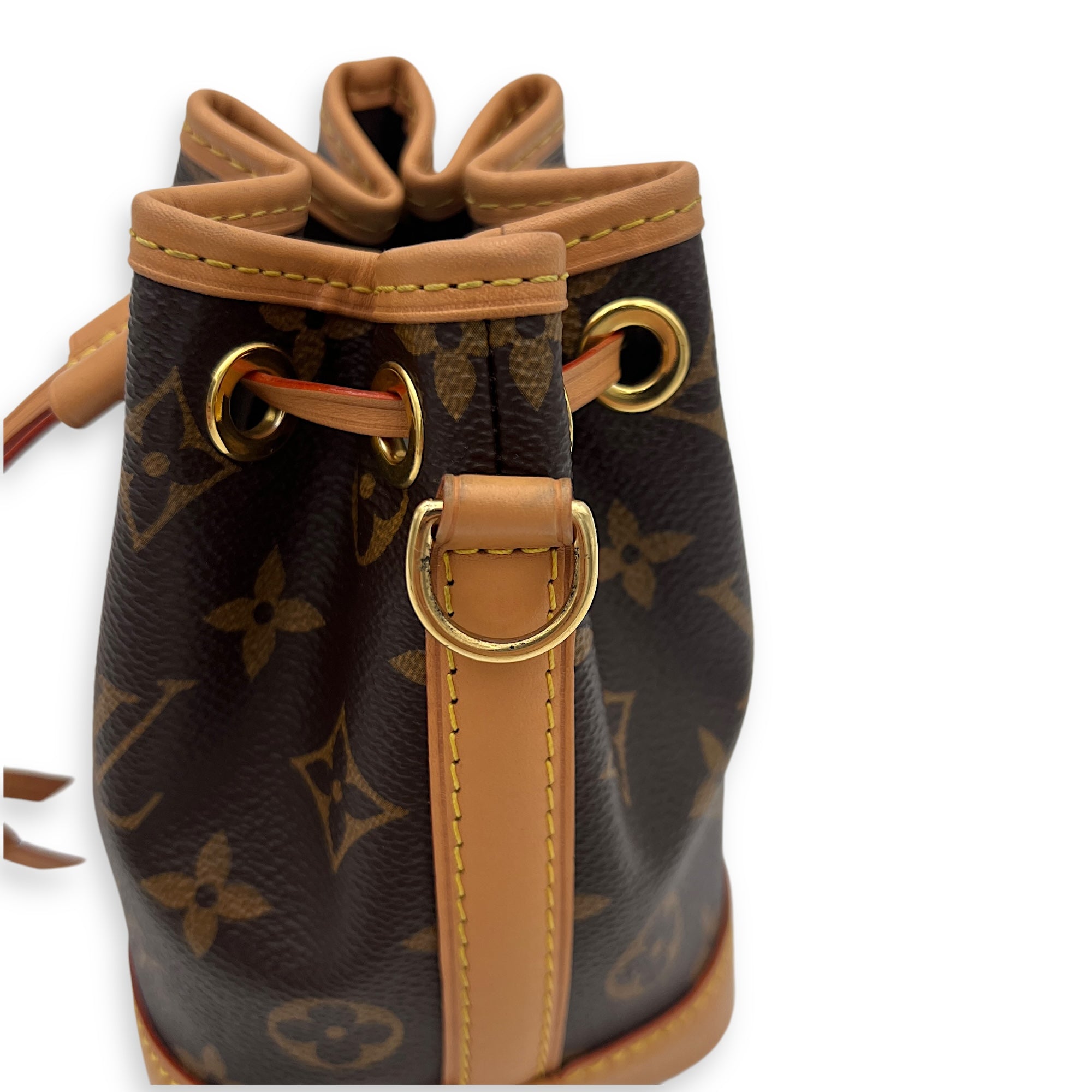 Noe Top Handle Bag Nano Brown in Monogram Coated Canvas, Gold hardware