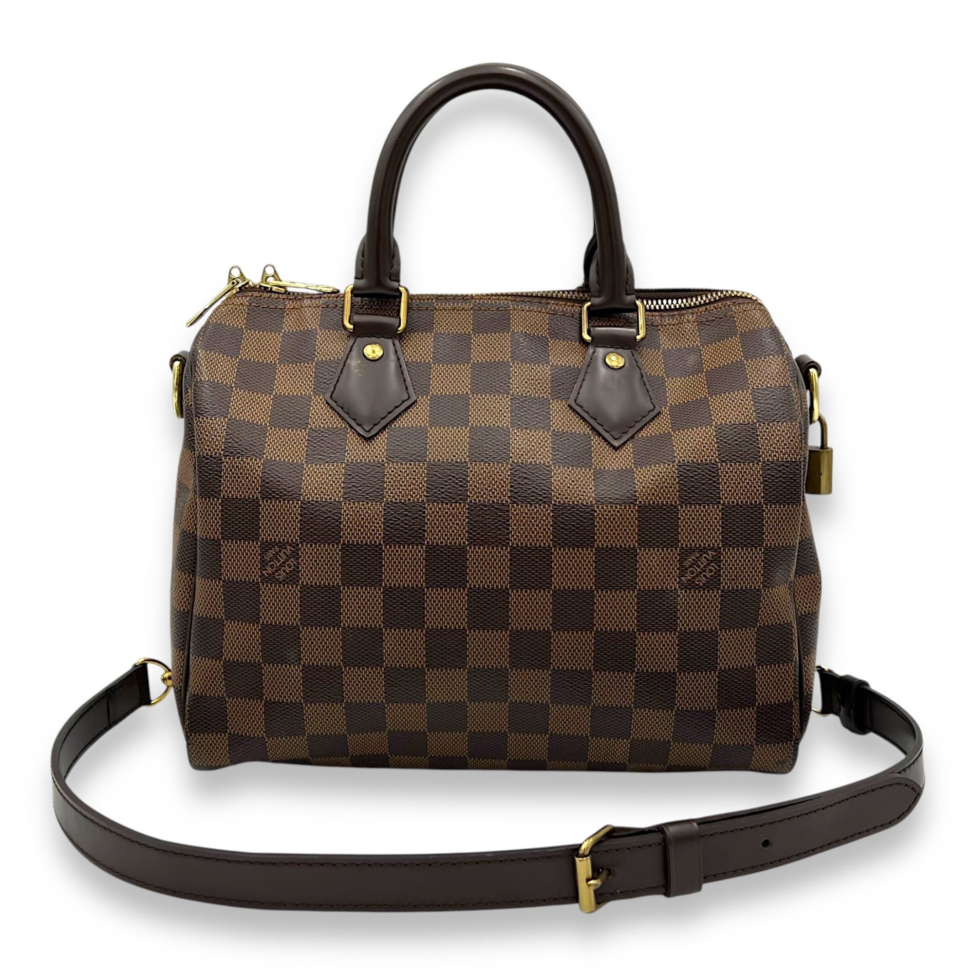 Louis Vuitton Speedy Bandouliere 25 Damier Ebene Top Handle Bag in Coated Canvas, Gold hardware_9