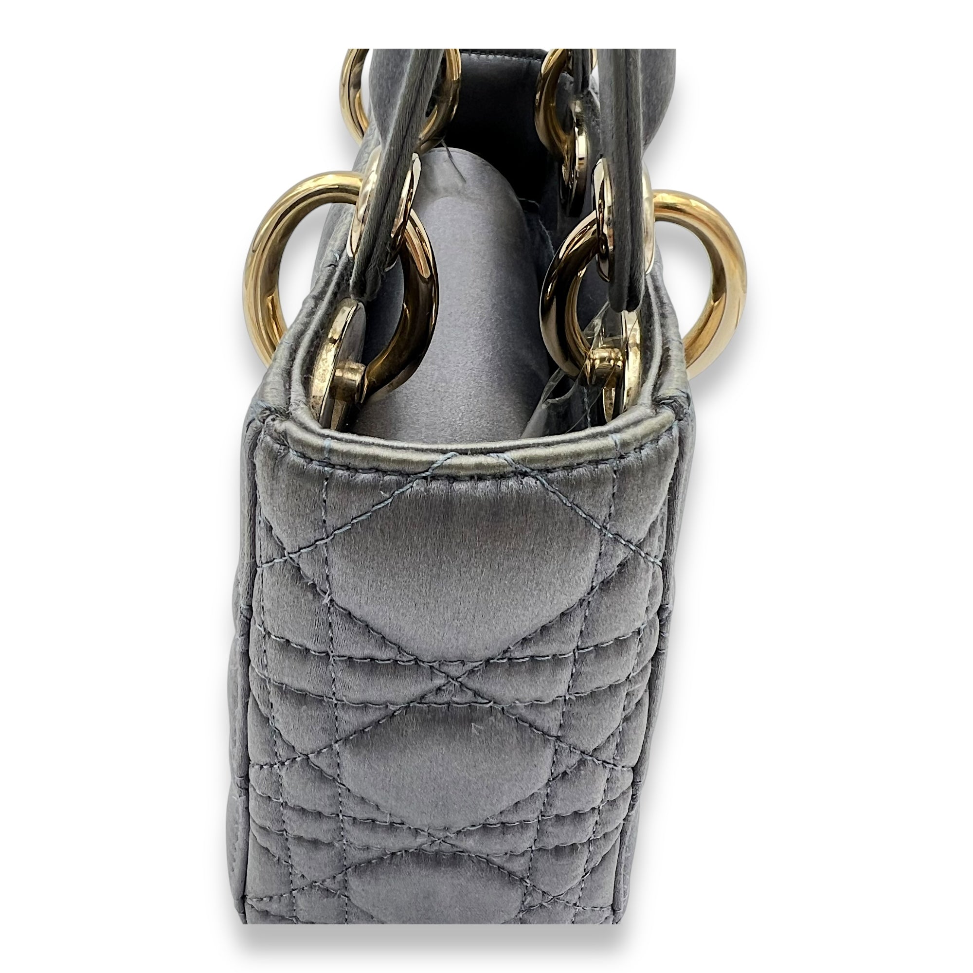 Christian Dior Lady Dior Top Handle Bag Mini Grey in Satin, Gold hardware_10