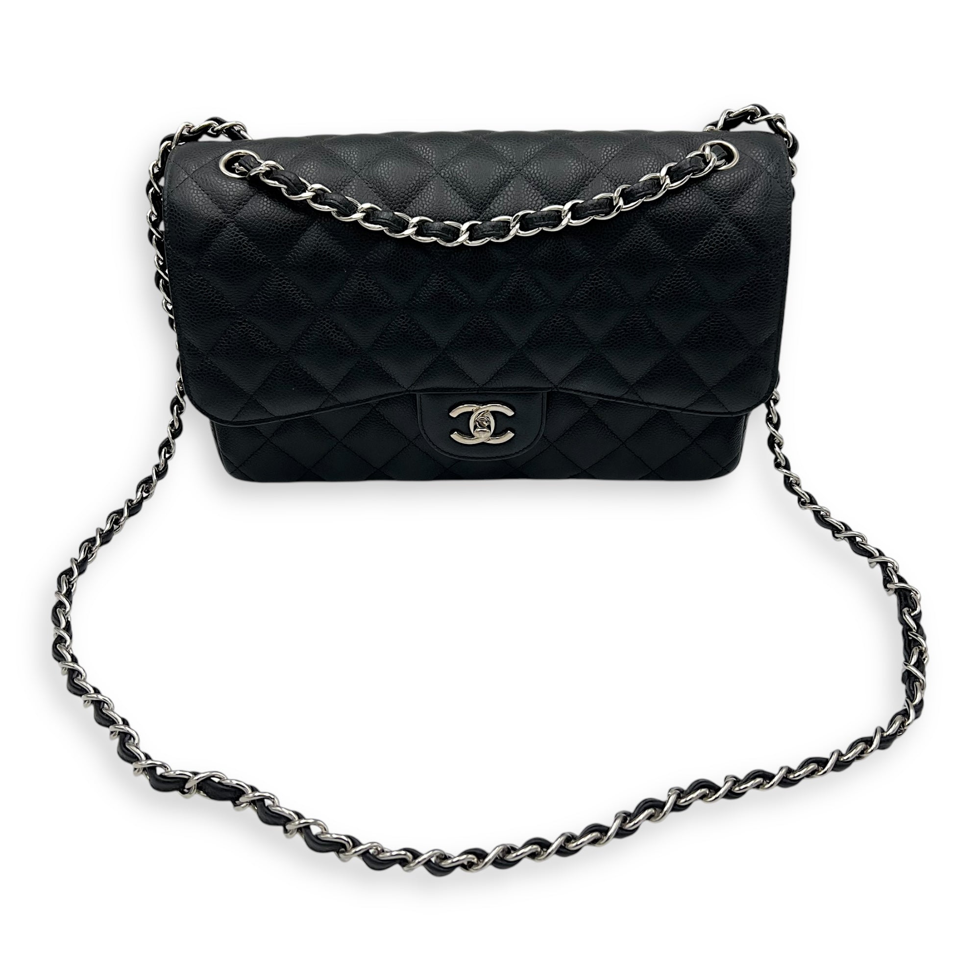 Chanel Classic Double Flap Jumbo Black Shoulder Bag in Caviar Leather, Silver hardware_10