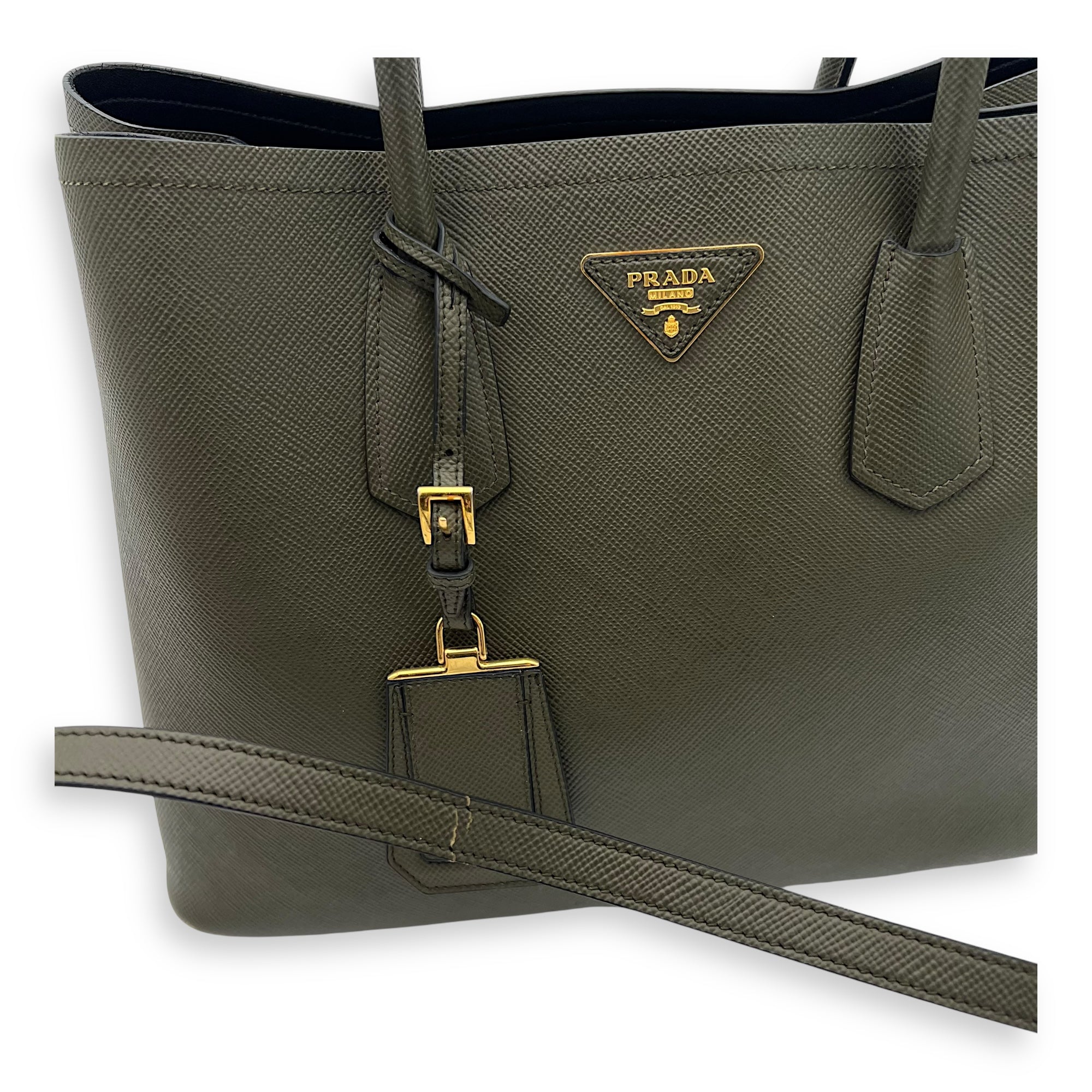 Prada Double Top Handle Bag Green in Saffiano Leather, Gold hardware_8