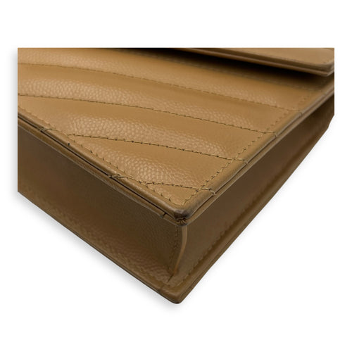 Saint Laurent Cassandre Wallet On Chain Beige in Calfskin, Gold hardware_12