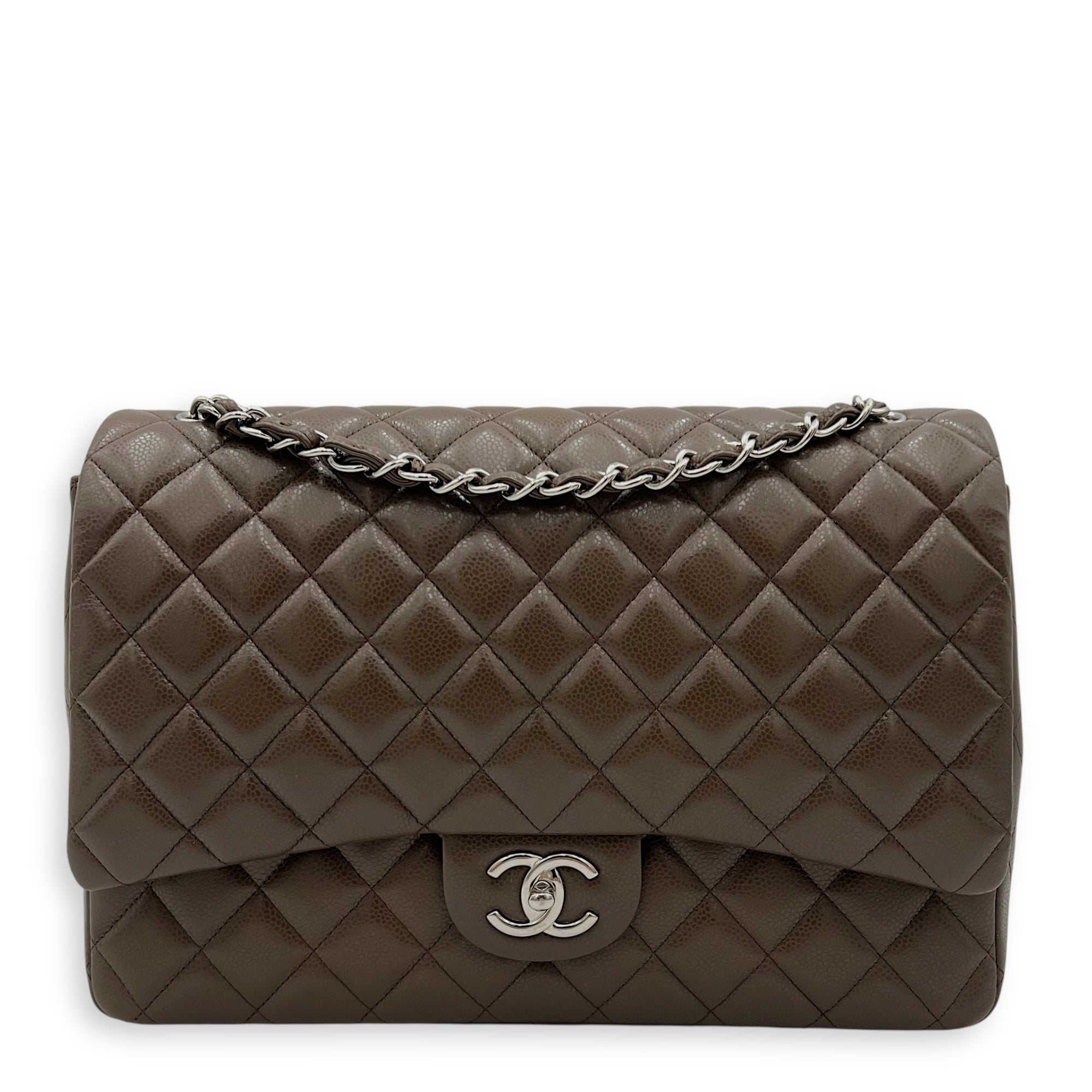 Chanel Classic Shoulder Bag Maxi Green in Caviar Leather, Silver hardware_1