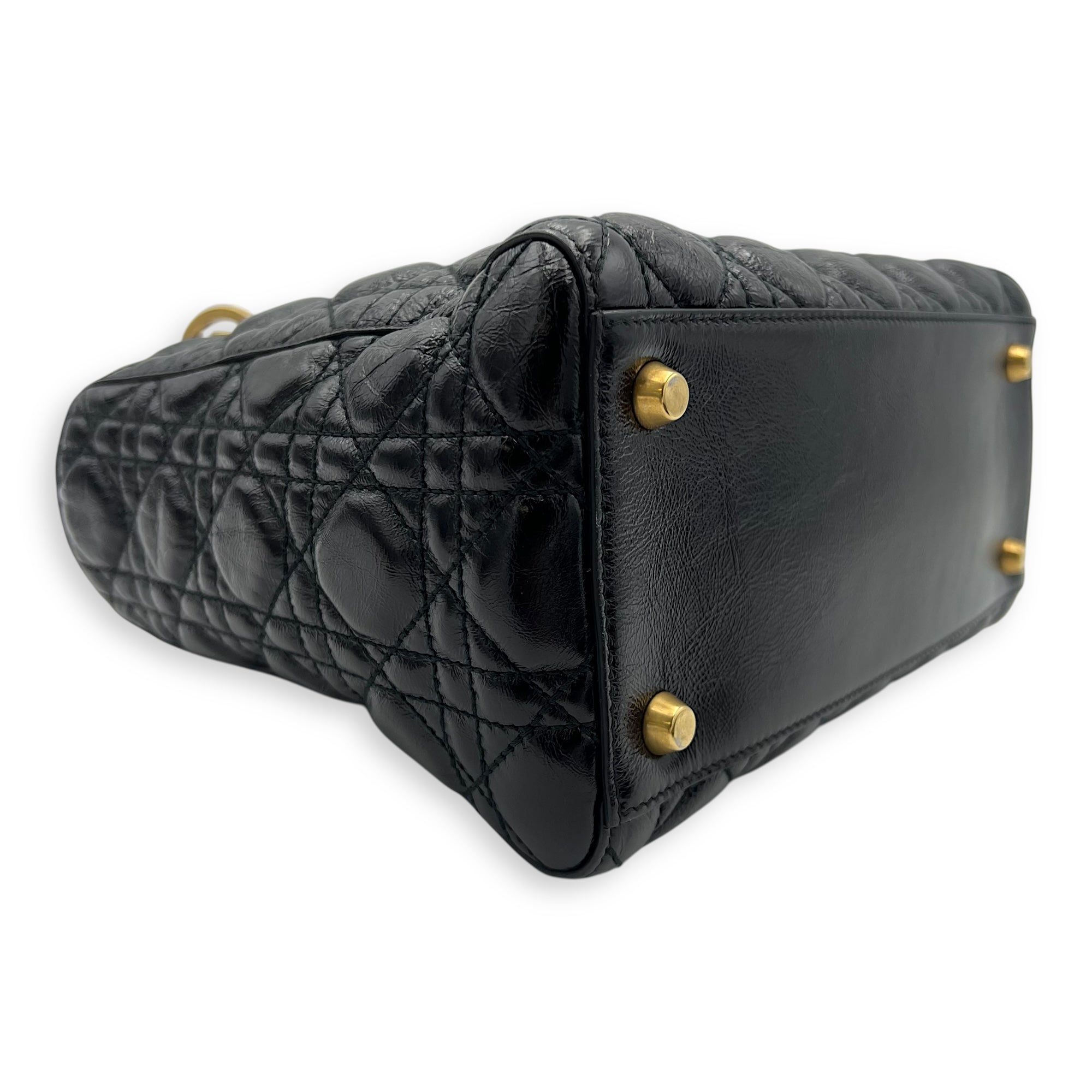 Christian Dior Lady Dior Top Handle Bag Medium Black in Calfskin, Gold hardware_8