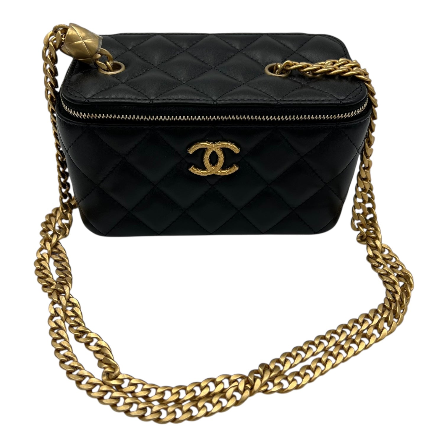 Chanel Pearl Crush Vanity Crossbody Bag Black in Lambskin, Gold hardware_11