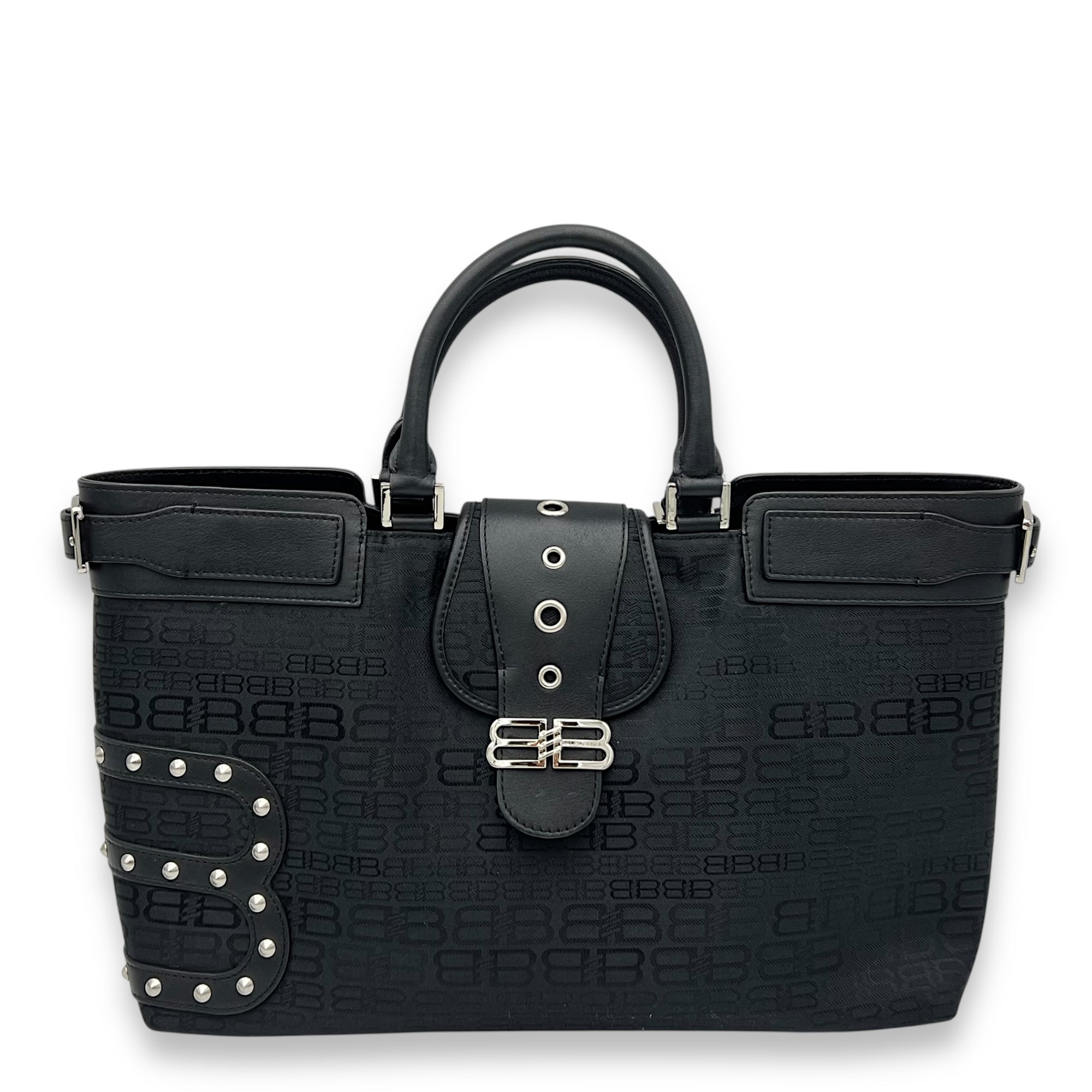 Balenciaga Logo Top Handle Bag Black in Canvas, Silver hardware_1