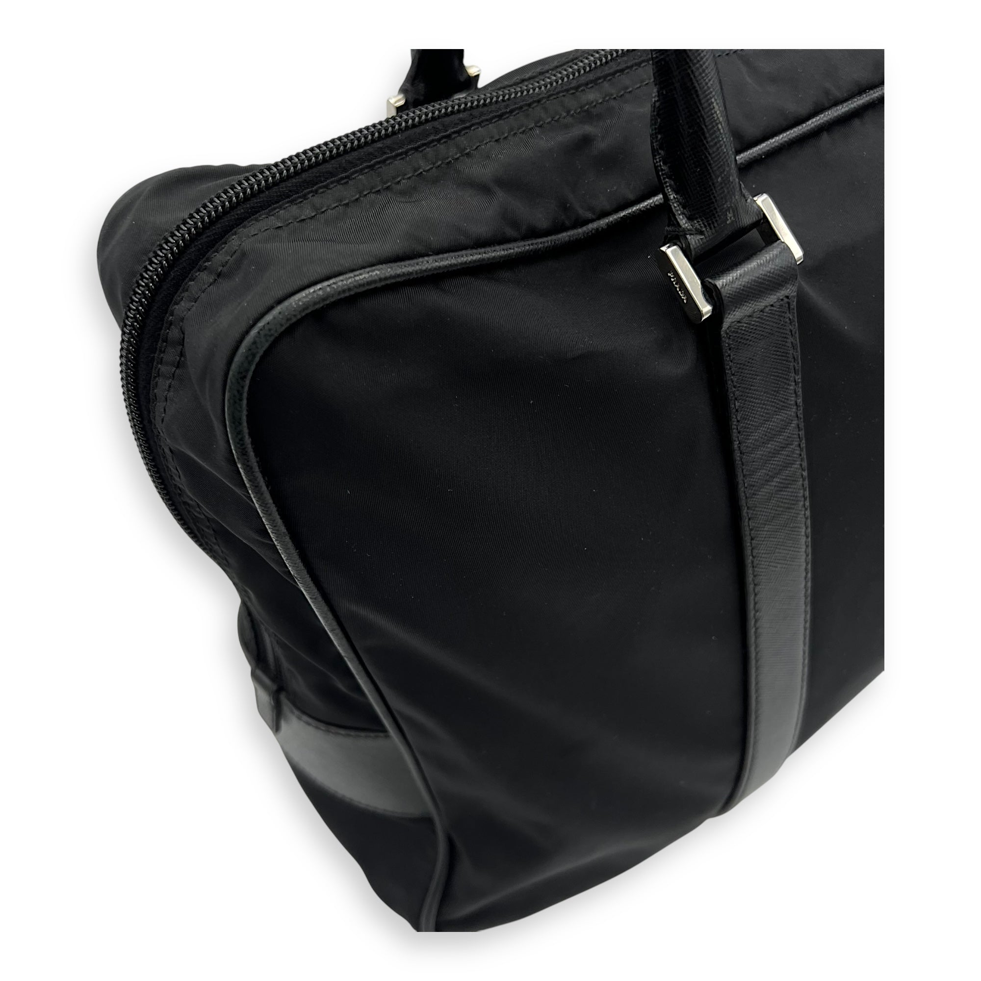 Prada Logo Top Handle Bag Black in Nylon, Silver hardware_18