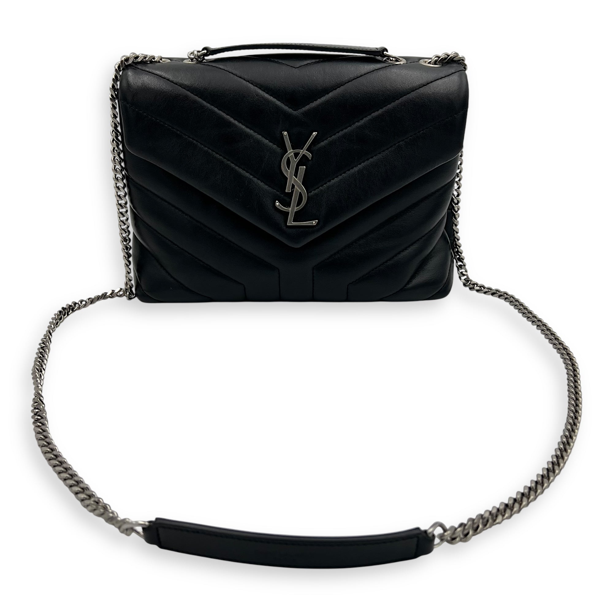 Saint Laurent Loulou Small Black Shoulder Bag in Calfskin, Silver hardware_11