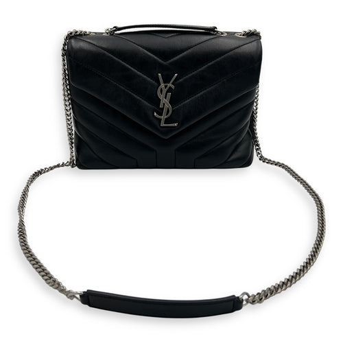 Saint Laurent Loulou Small Black Shoulder Bag in Calfskin, Silver hardware_11