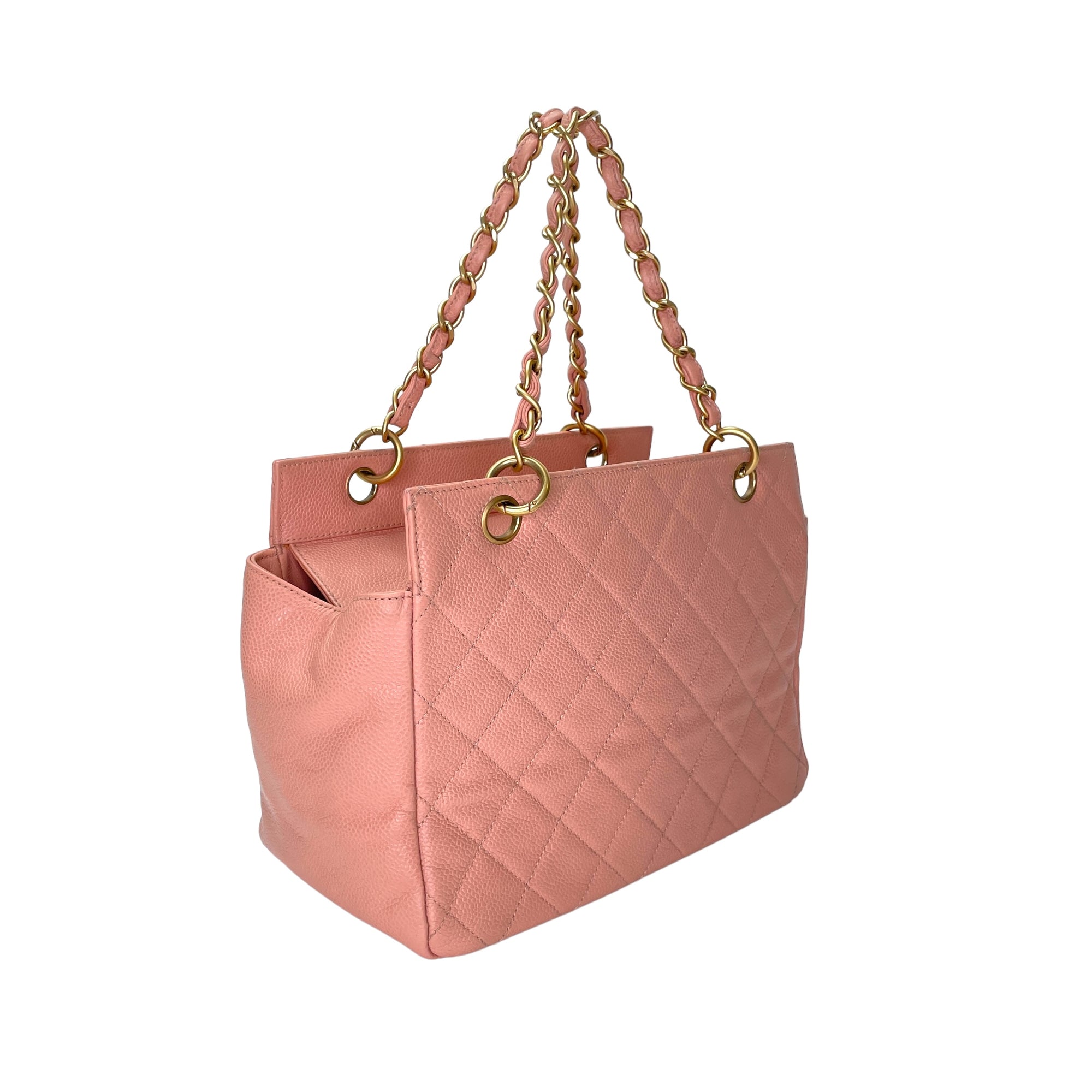 PST Petit Shopping Petit Pink Tote Bag in Caviar Leather, Gold hardware