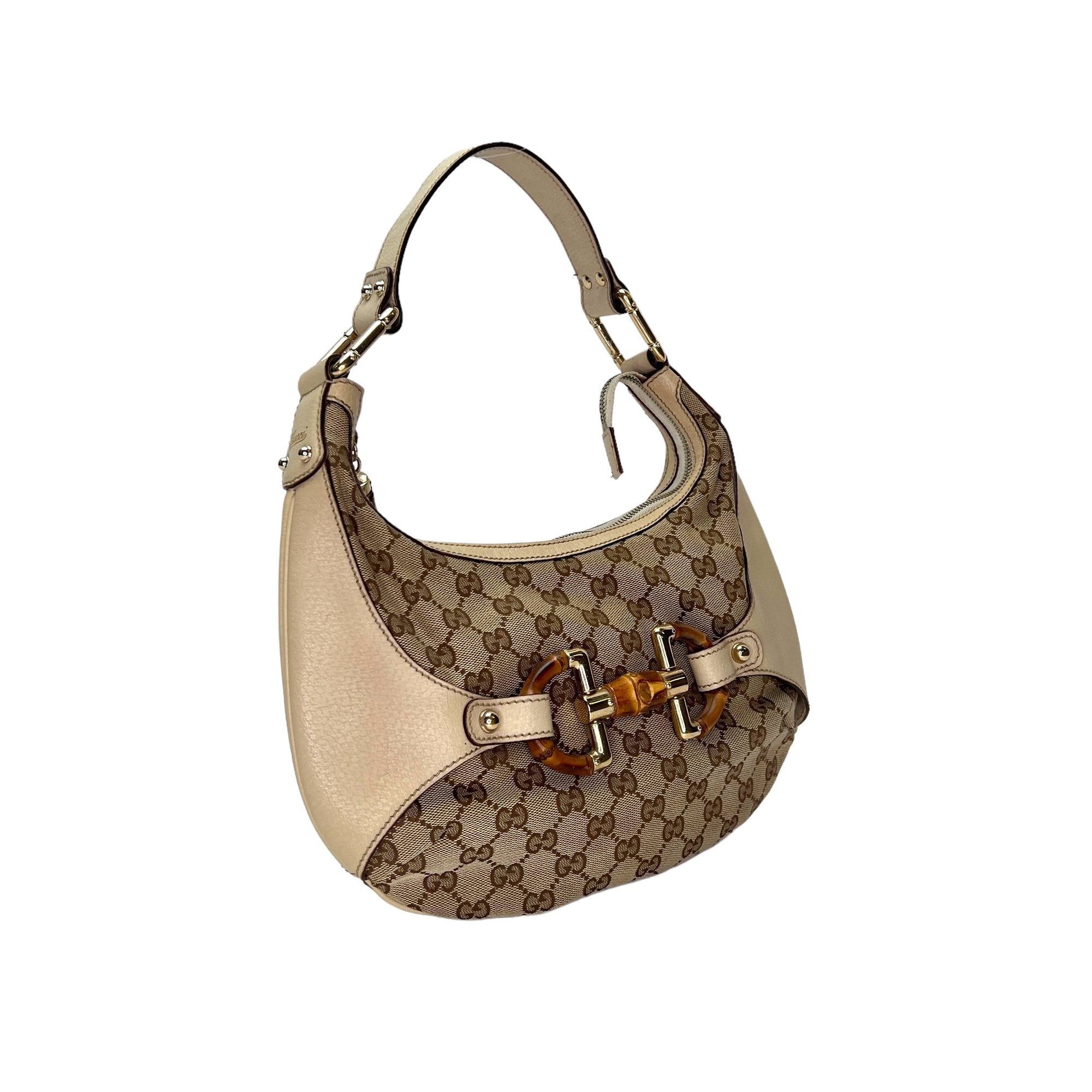 Bamboo Horsebit White Shoulder Bag in Jacquard, Light Gold hardware