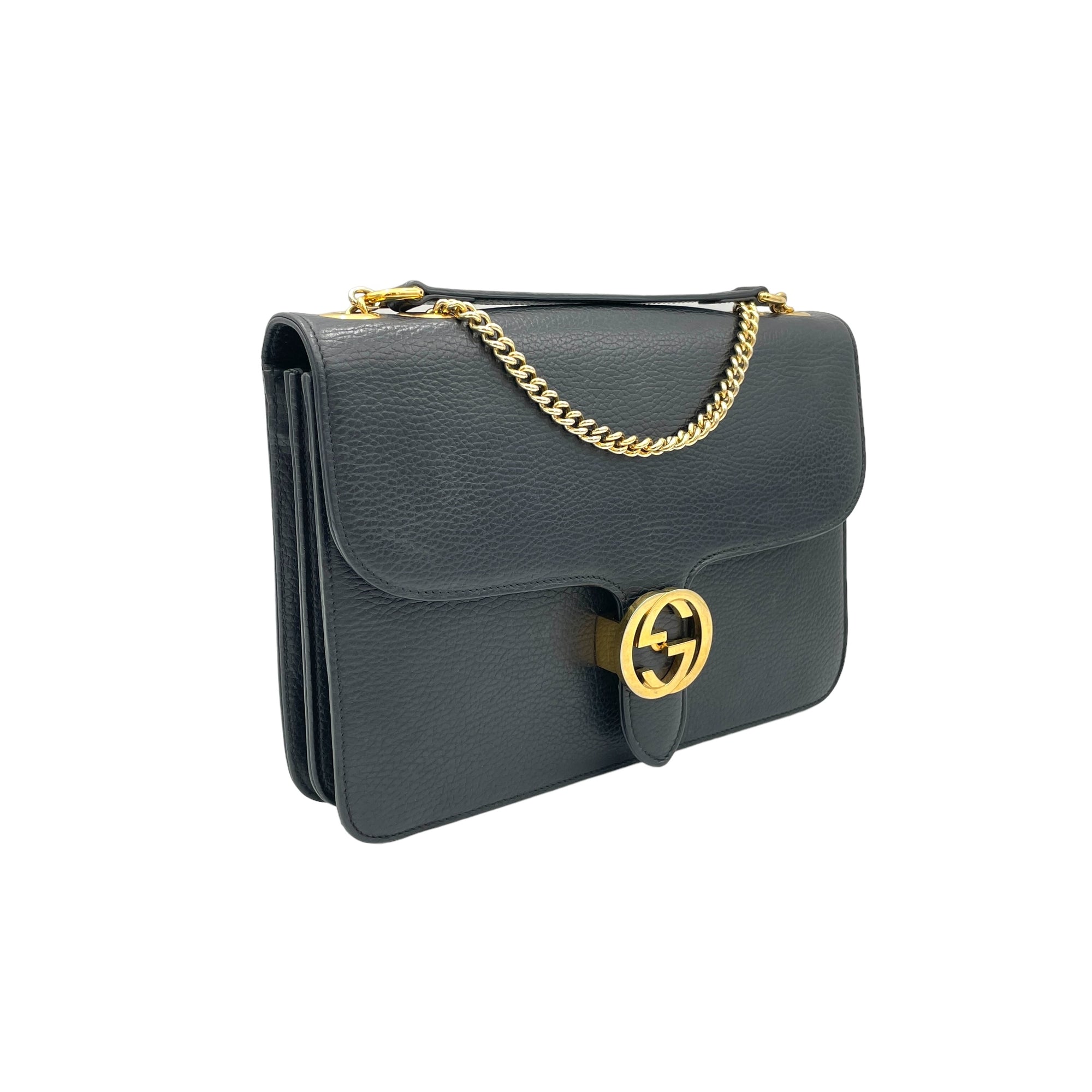 Interlocking G Black Shoulder Bag in Calfskin, Gold hardware