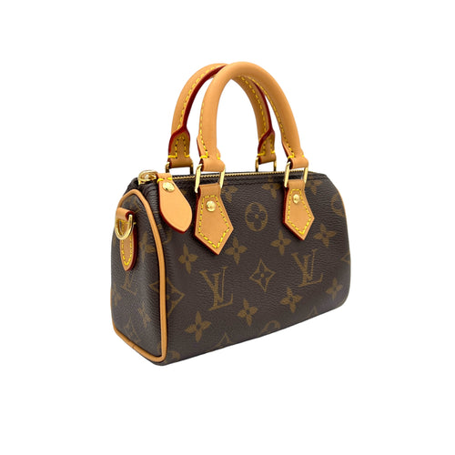 Speedy Nano Brown Top Handle Bag in Monogram Coated Canvas, Gold hardware