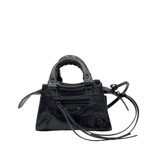 Neo Classic Top Handle Bag Mini Black in Crocodile Embossed Calfskin , Lacquered Metal Hardware