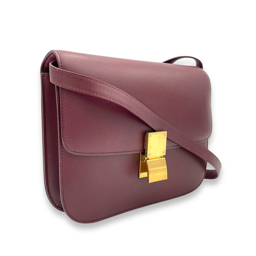 Box Medium Maroon Shoulder Bag in Calfskin, Gold hardware