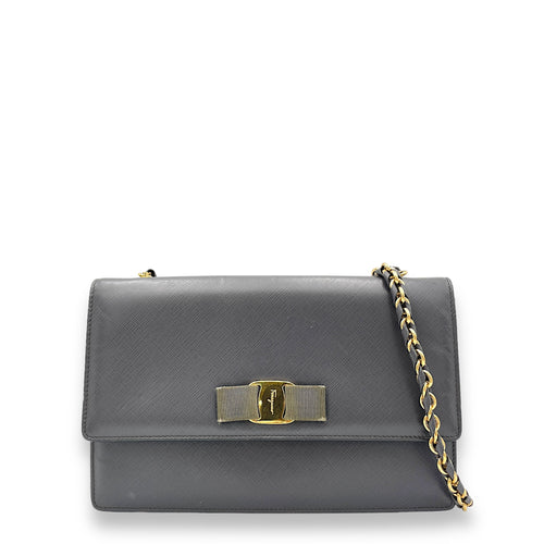 Vara Bow Grey Crossbody Bag in Calfskin, Gold hardware