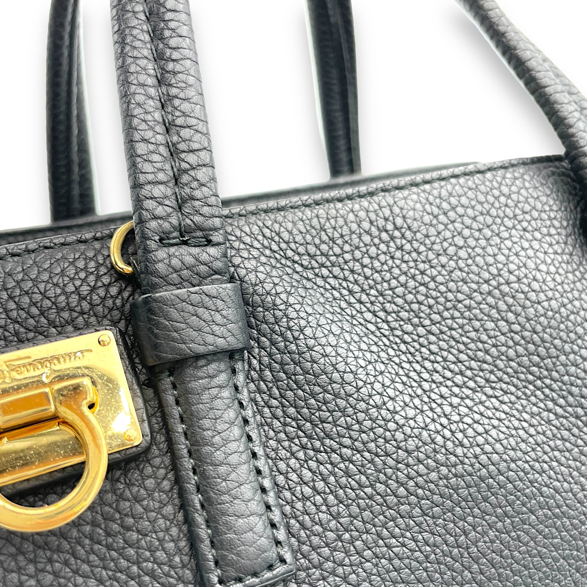 Gancini Top Handle Bag Black in Calfskin, Gold hardware