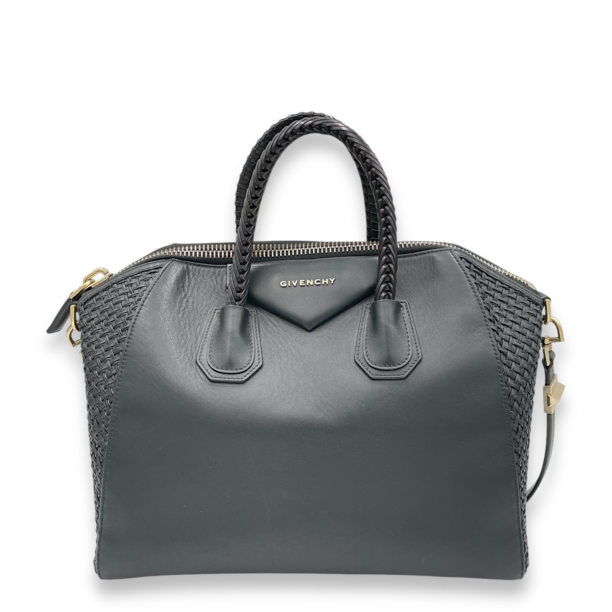 Antigona Large Black Top Handle Bag in Calfskin, Gold hardware